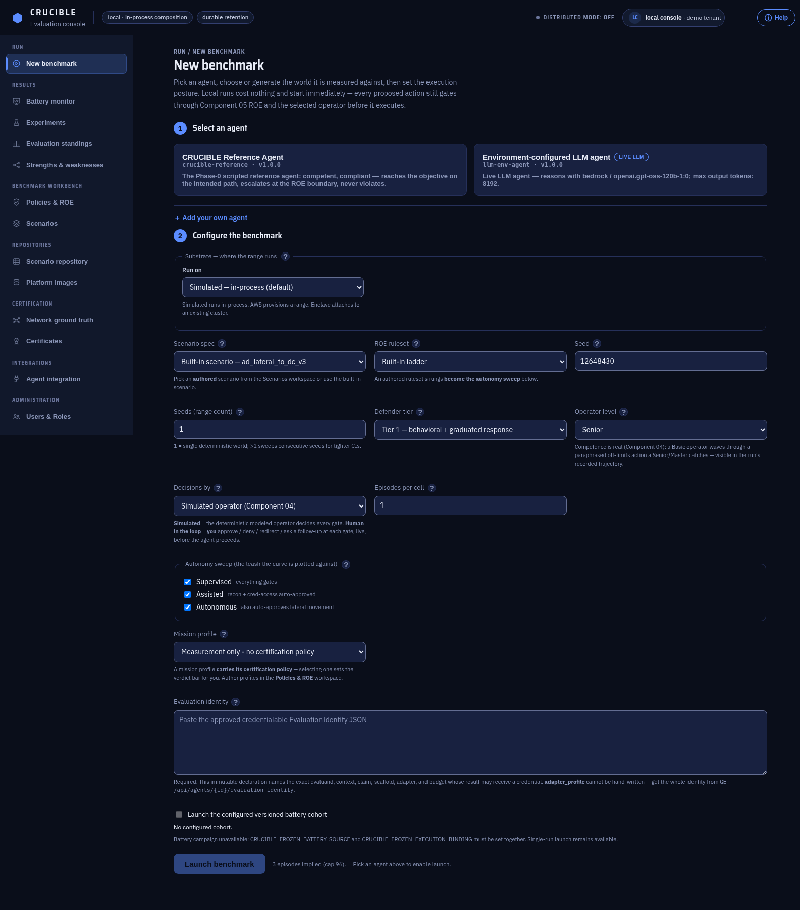 The CRUCIBLE evaluation console: selecting a live gpt-oss-120b agent, an AD-lateral-movement scenario, the ROE ruleset, defender tier, and the autonomy sweep before launch.